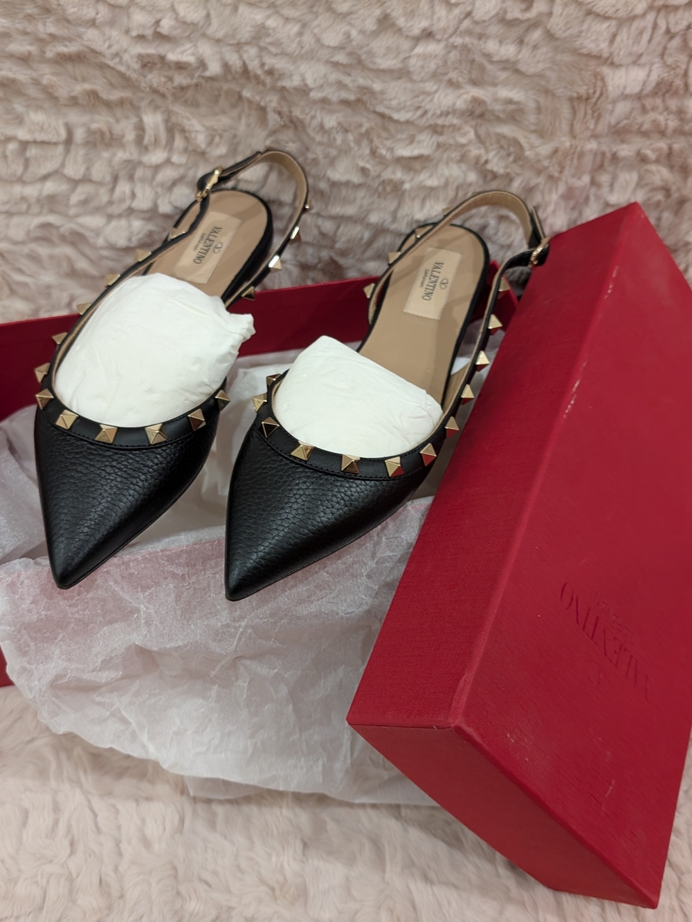 Valentino Rockstud Pointed Toe Black Leather Slingback Flats